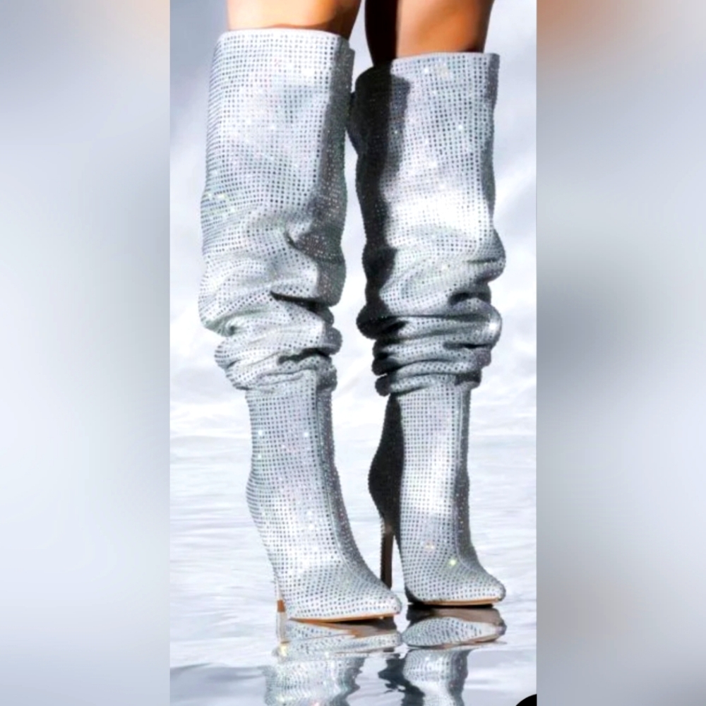 Rhinestone convertable thigh high or slouch boots